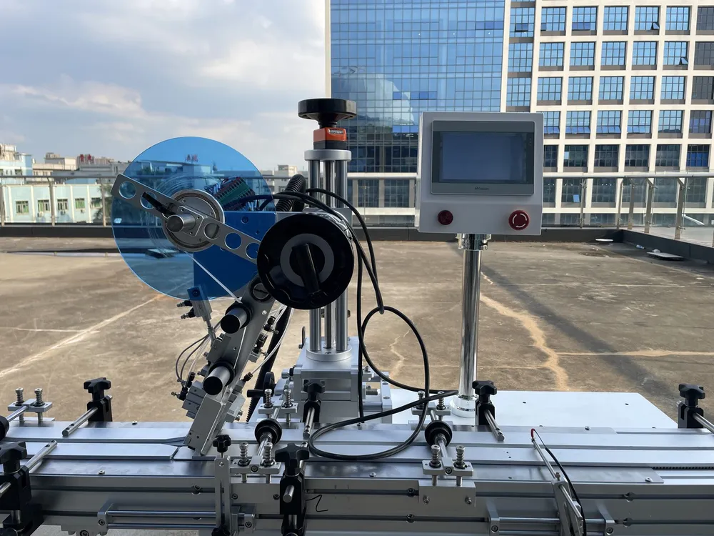 Inline Conveyor Tape Applicator — Tape head and touchscreen above the conveyor