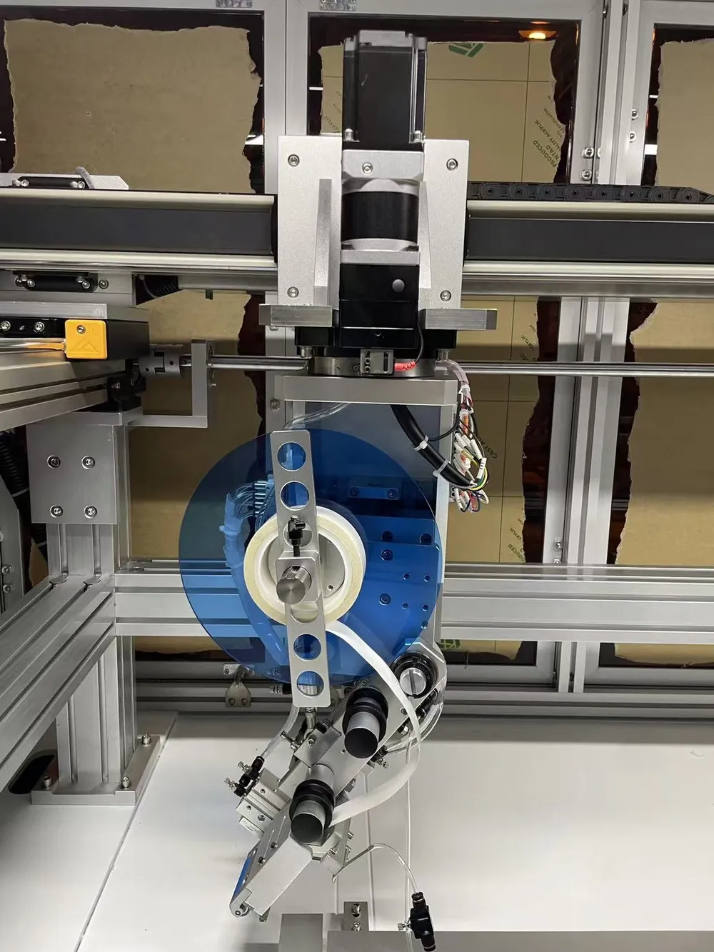 Floor-Standing 3-Axis Tape Applicator — Tape head on the Z axis