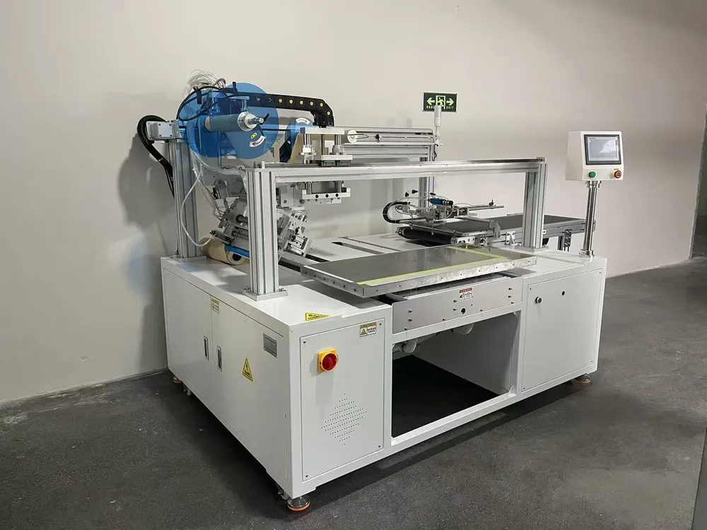 Custom Wide-Format Tape Applicator with Outfeed Conveyor — Fixture table, gantry and touchscreen