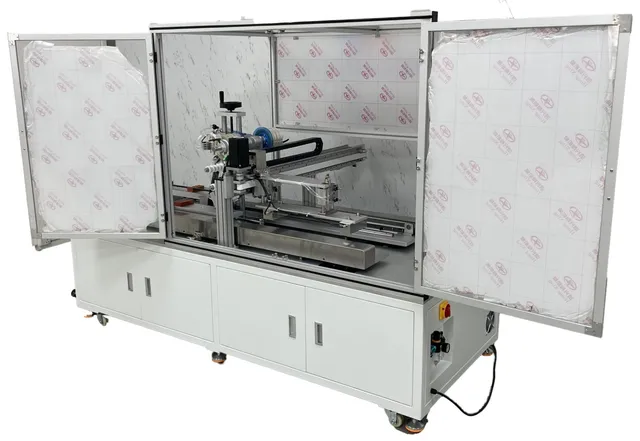 Dual-Head Tape Applicator with Magnetic Unloading — Dual-head tape applicator with magnetic unloading (custom build, enclosed frame)