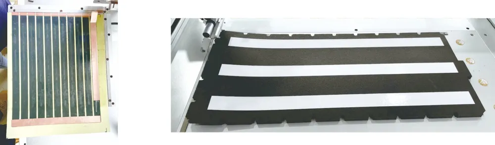 Floor-Standing 2-Axis Tape Applicator — Parallel tape strips applied on a sheet part and on foam boards
