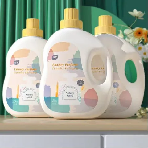 Automatic Double-Side Labeling Machine — Laundry detergent bottles labeled on both sides